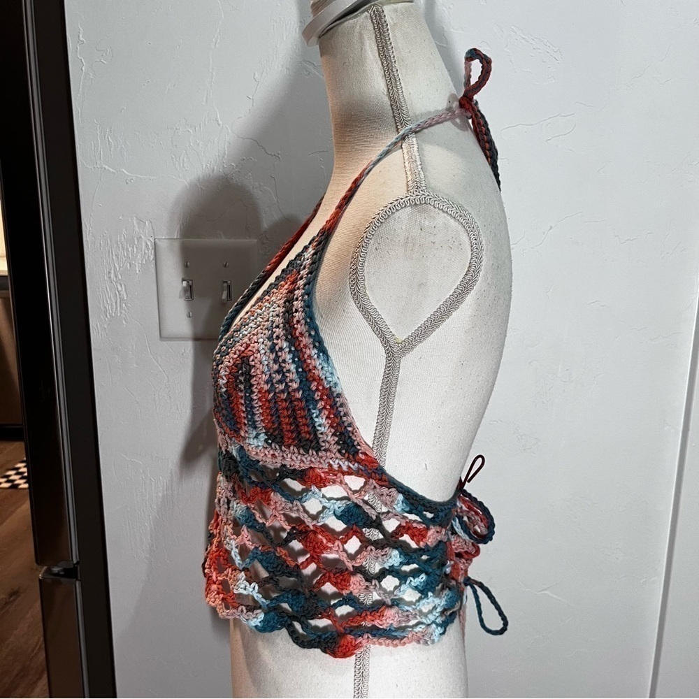 Boho Multi Colored Crochet Halter Top Lace Up Open Back - Picture 2 of 8